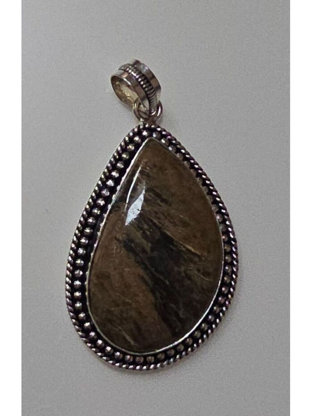 925 Sterling Silver Marked Brown Stone Teardrop Pendant Large Boho Statement